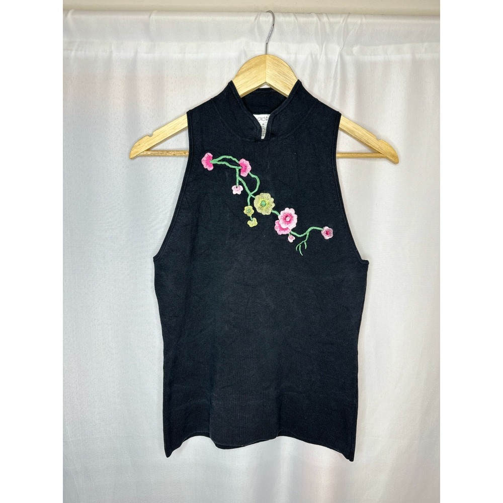 Vintage Cache Embroidered Mock Neck Silk Sweater, MEDIUM Y2K Sleek Dark Fairy